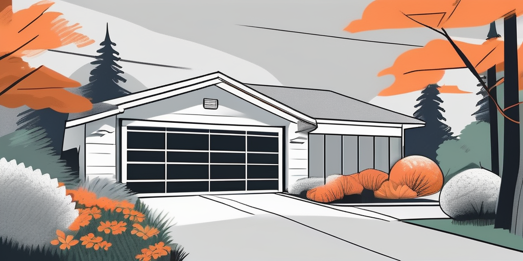 A garage door opener being installed in a partially open garage door with a lush spring landscape in the background